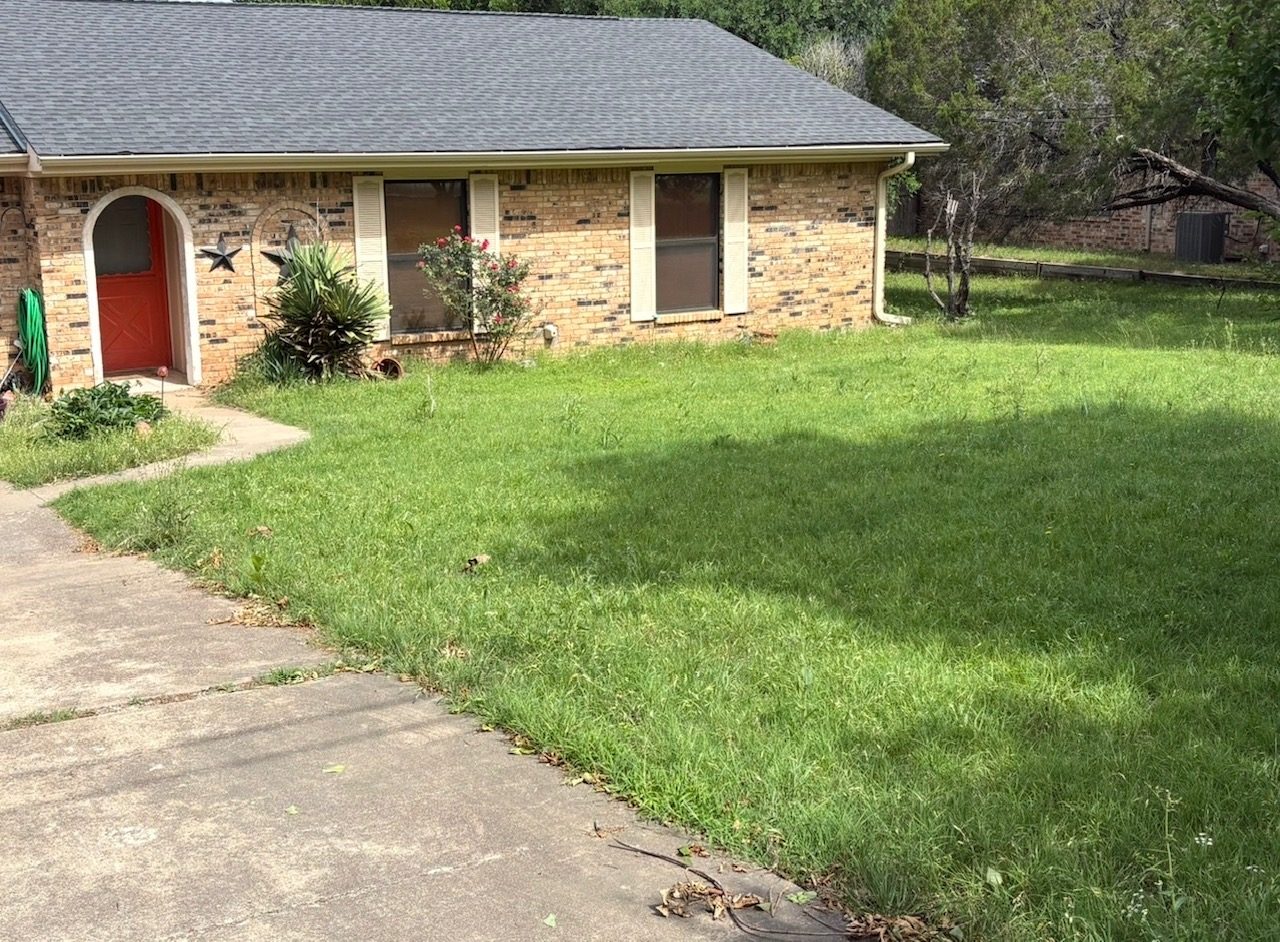 Green lawn in front of stone house before mowing